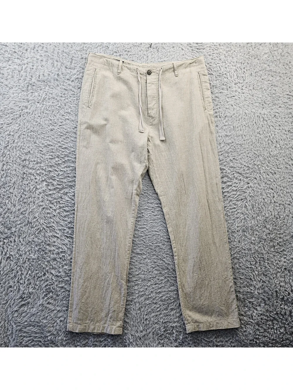 Perry Ellis Linen Pants Men 36x29 Beige Button Fly Drawstring *Stain